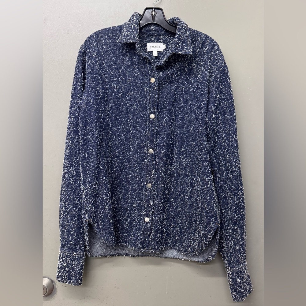 FRAME Oversized Indigo Boucle Denim Shirt Womens Size Small Relaxed Fit
